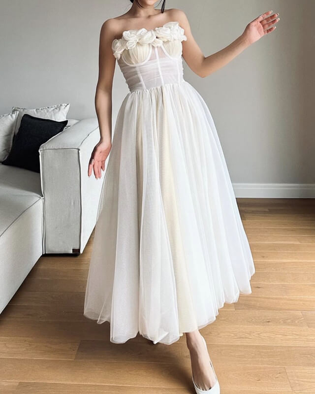 Flowers Strapless Midi Tulle Wedding Dress