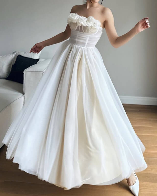 Flowers Strapless Midi Tulle Wedding Dress