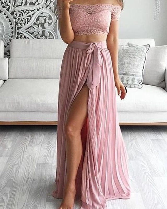 Boho Lace Crop Chiffon Bridesmaid Dresses Two Piece