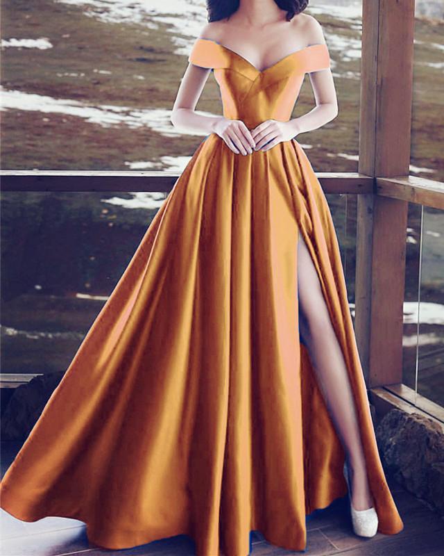 Gold-Evening-Dresses-Long-Satin-Off-Shoulder-Prom-Dress-With-Slit