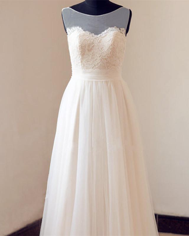 Illusion Neckline Lace Appliques Tulle Beach Wedding Dress