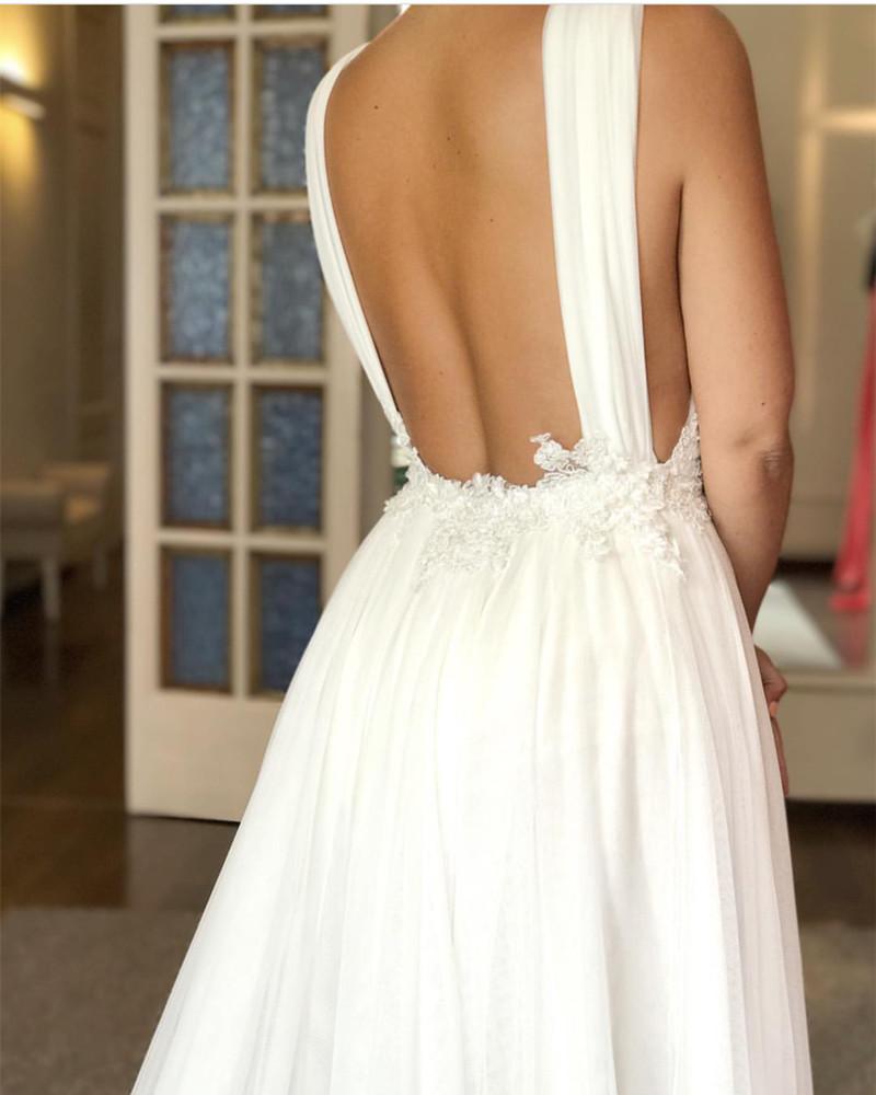 Tulle Wedding Dress Plunge Neck Open Back