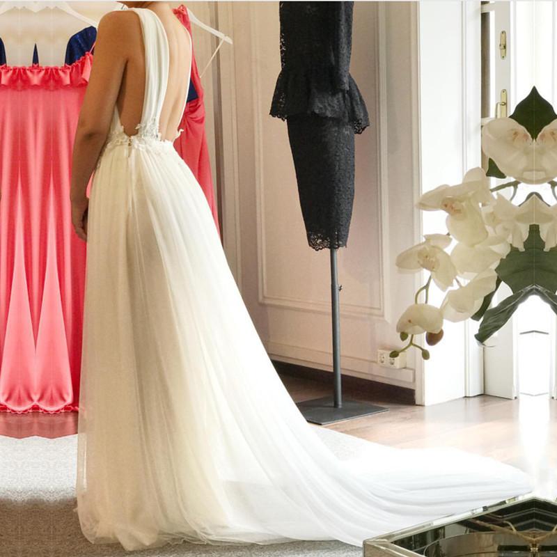 Tulle Wedding Dress Plunge Neck Open Back
