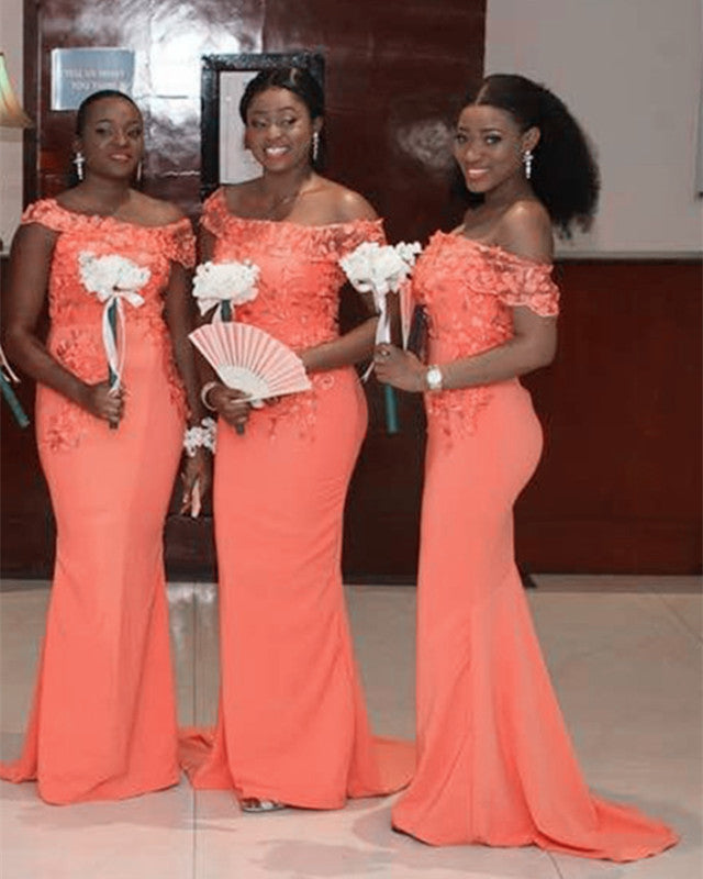 Coral Asymmetrical Neckline Bridesmaid Dresses