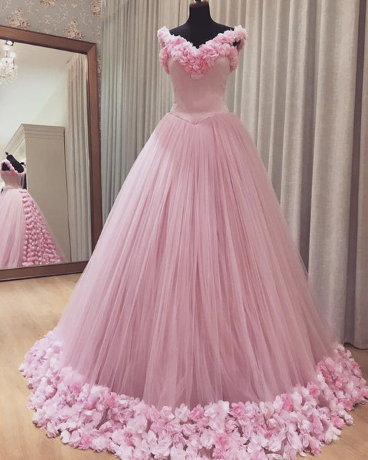 Pink Flowers Quinceanera Dresses Ball Gown Off The Shoulder