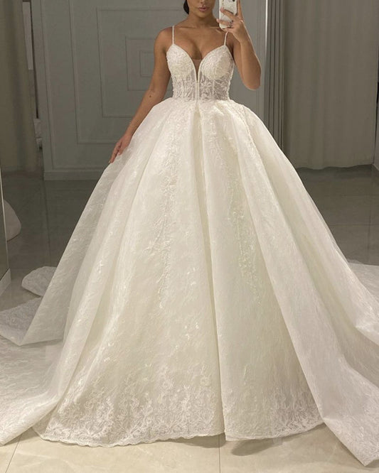 Ball Gown V Neck Lace Dresses Wedding Spaghetti Straps