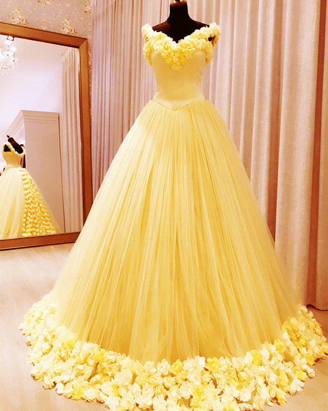 Yellow Flowers Quinceanera Ball Gown Off The Shoulder