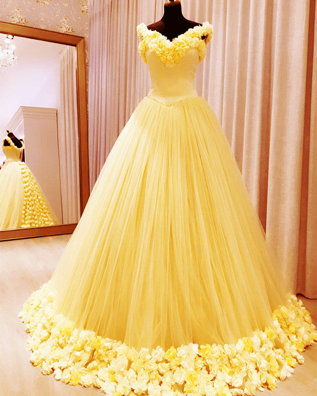 Yellow Flowers Quinceanera Ball Gown Off The Shoulder – Lisposa