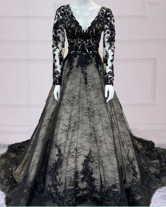 Gothic Black Lace Wedding Dresses Long Sleeves – Lisposa