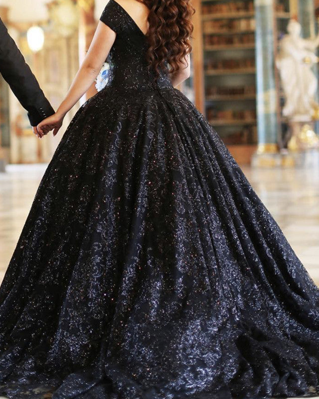 Black Sparkly Wedding Dresses Off Shoulder
