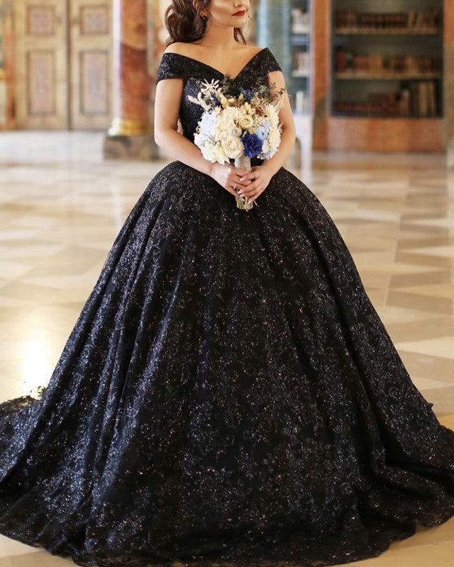 Black Sparkly Wedding Dresses Off Shoulder – Lisposa