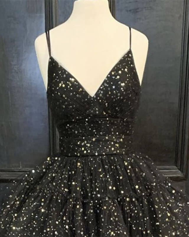 Black V Neck Ruffles Starry Homecoming Dresses