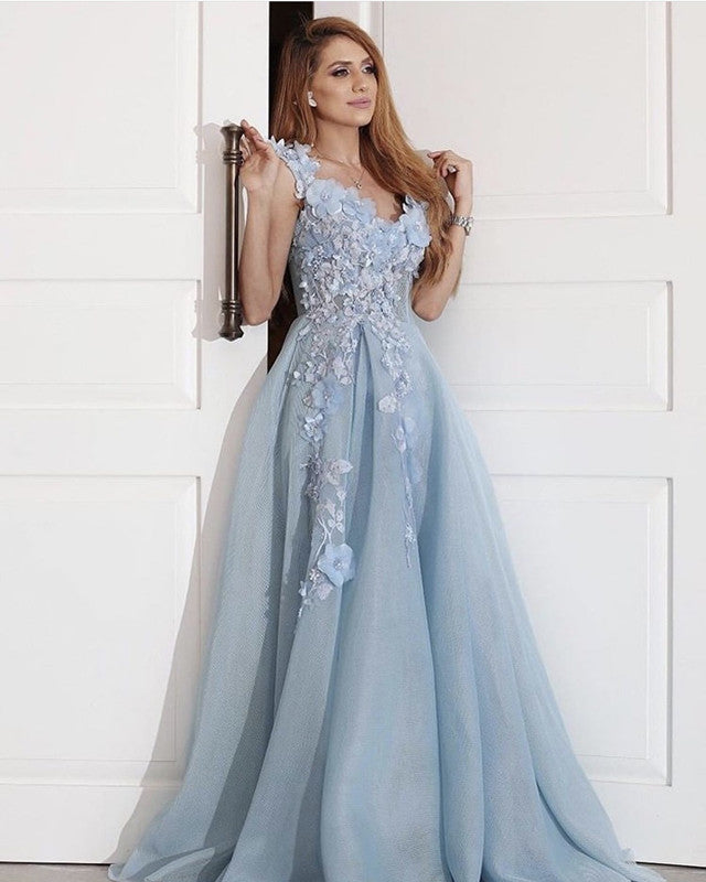 Light Blue Prom Dresses Tulle V Neck 3D Flowers Lisposa Light Blue Prom Dresses Tulle V Neck 3D Flowers Lisposa