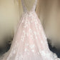 Blush Tulle Wedding Dresses Ivory Lace V Neck