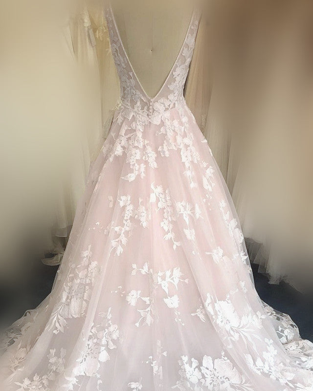 Blush Tulle Wedding Dresses Ivory Lace V Neck