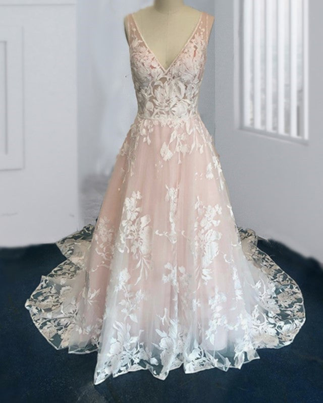 Blush Tulle Wedding Dresses Ivory Lace V Neck – Lisposa