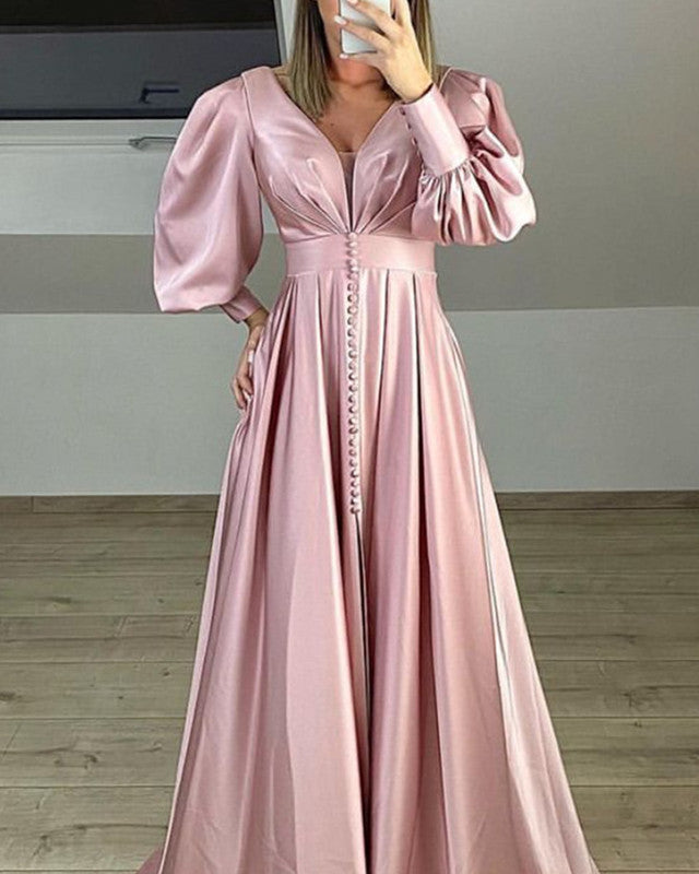 silk bridesmaid dresses with sleeves Blush Satin Long V Neck – Lisposa UK Size 28