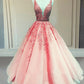 Tulle V Neck Prom Dresses Lace Embroidery Ball Gown