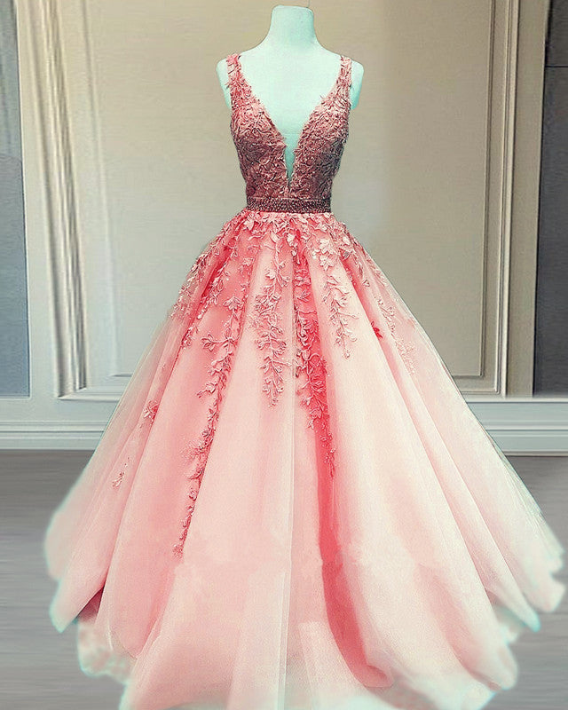 Tulle V Neck Prom Dresses Lace Embroidery Ball Gown