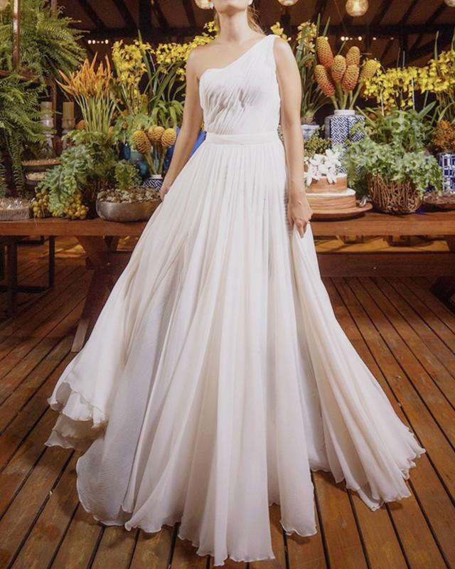 One Shoulder Chiffon Slit Wedding Dress