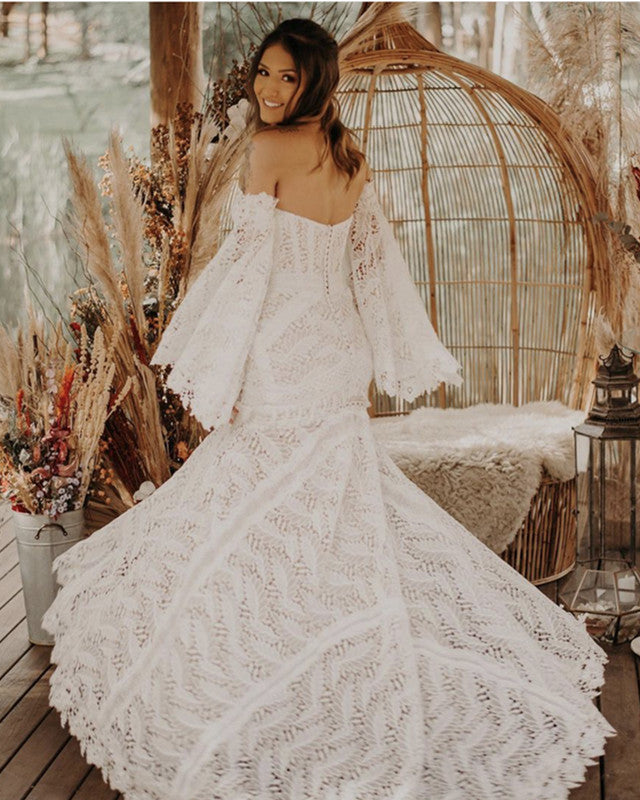 Boho Lace Wedding Dresses Mermaid Sweetheart Puffy Sleeves