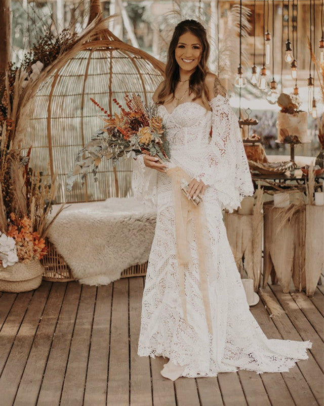 Boho Lace Wedding Dresses Mermaid Sweetheart Puffy Sleeves
