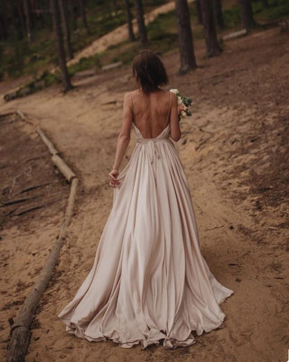 Simple Boho Wedding Dress Satin Open Back – Lisposa