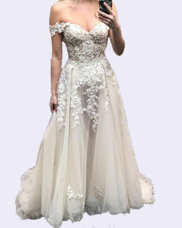 Tulle Beach Wedding Dress Lace Embroidery Removable Straps