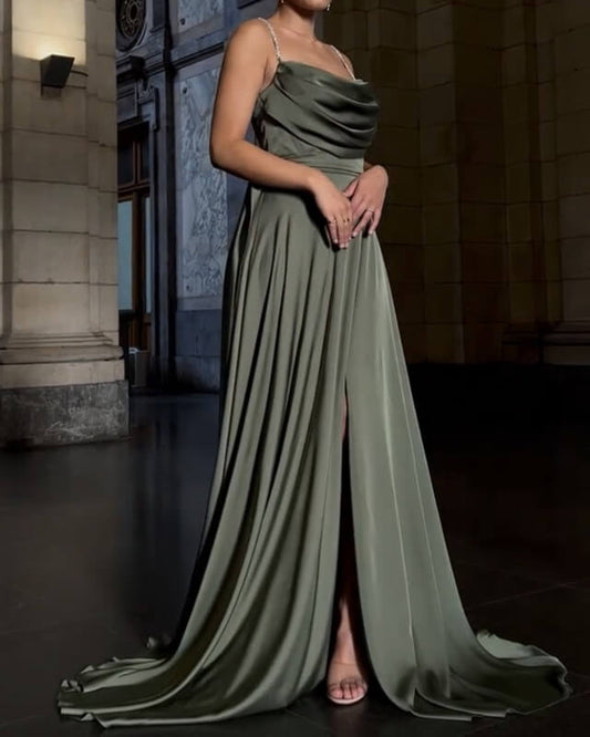 Olive Green Satin Cowl Neck Dress