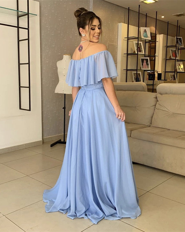 Ruffles Shoulder Chiffon Split Bridesmaid Dresses