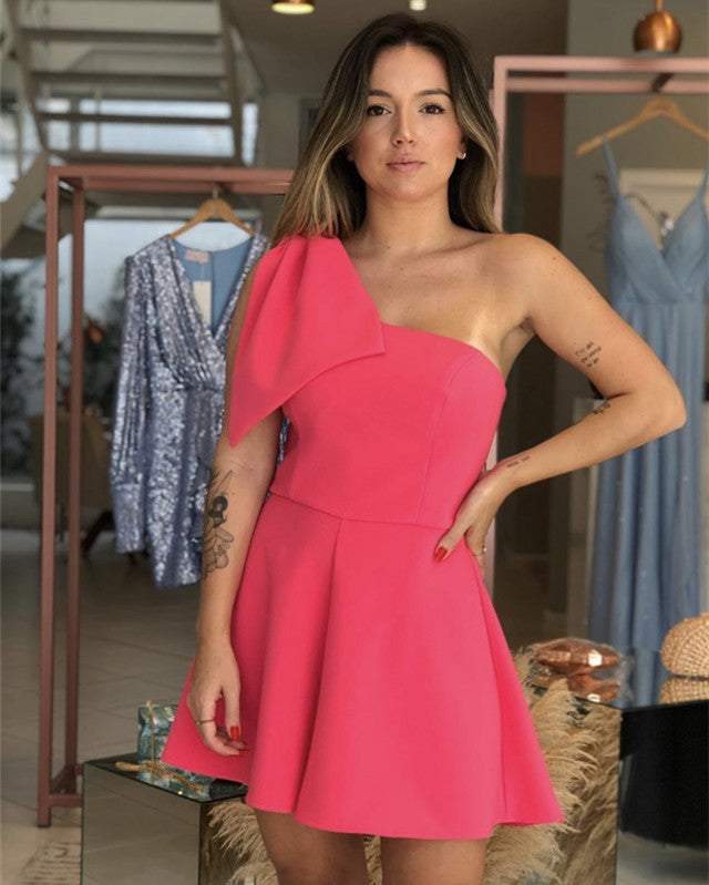 Short Rose Pink Bridesmaid Dresses One Shoulder