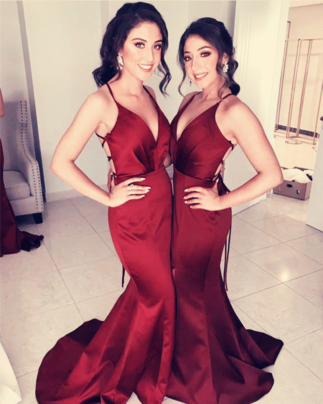 Mermaid Bridesmaid Dresses Satin V Neck Leg Slit