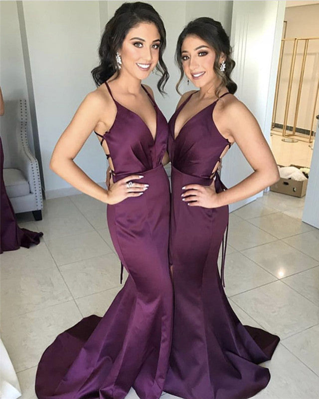 Mermaid Bridesmaid Dresses Satin V Neck Leg Slit