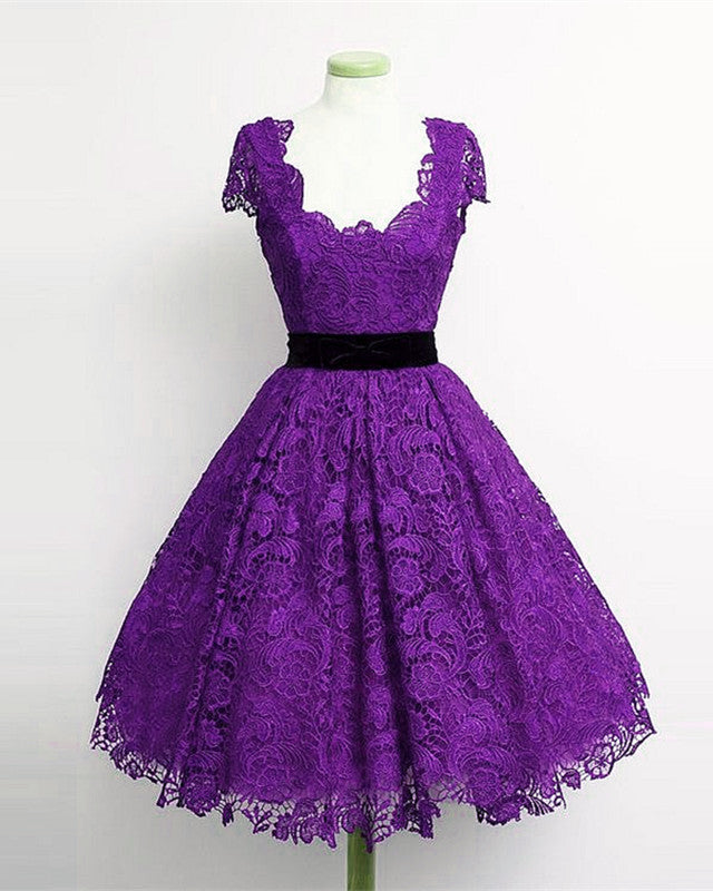 Purple Lace Bridesmaid Dresses Tea Length