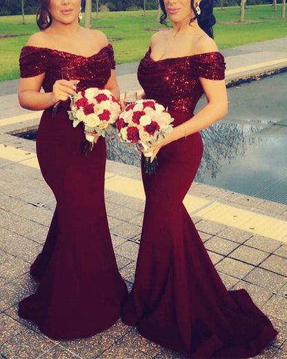 Mermaid Bridesmaid Dresses Sequins Top Off Shoulder – Lisposa