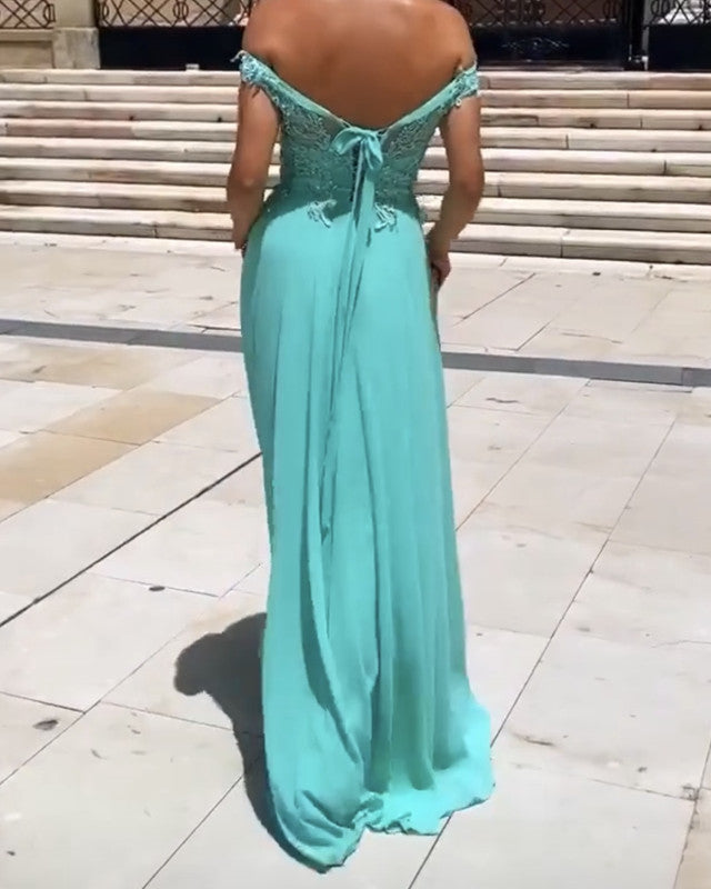 Off Shouder Evening Dress Aqua
