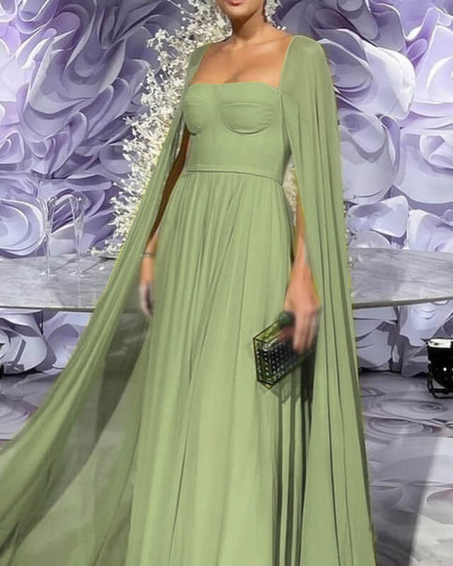 Sage Chiffon Corset Dress With Cape