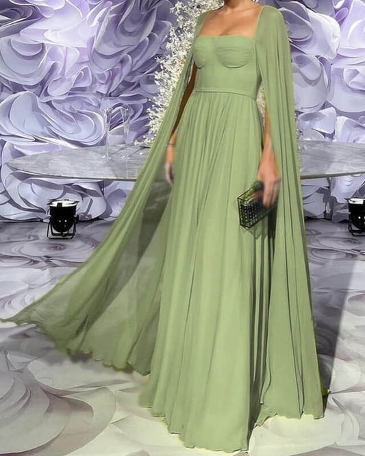 Sage Chiffon Dress With Cape