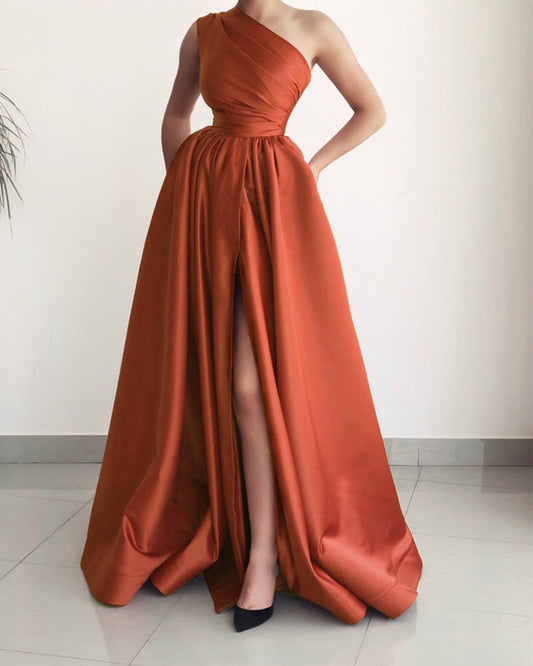 One Shoulder Bridesmaid Dresses Satin Split With Pockets