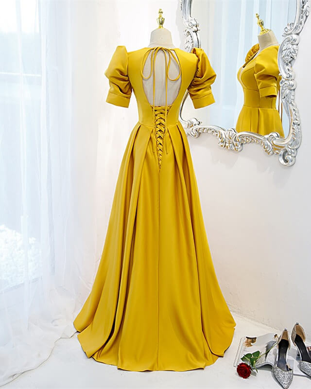 Mustard Yellow Satin Backless Dress With Sleeves