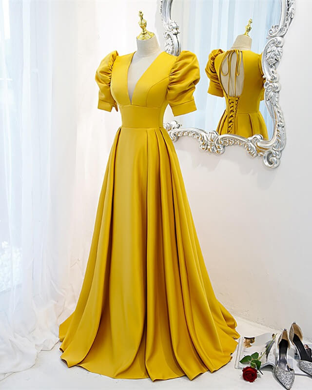 Mustard Yellow Satin Backless Dress With Sleeves