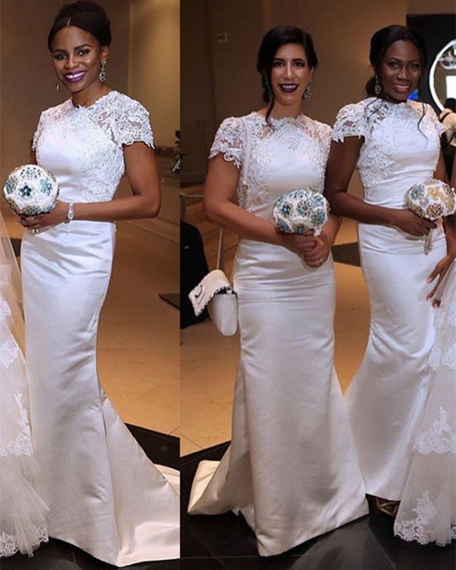 Modest Bridesmaid Dresses Mermaid Lace Cap Sleeves – Lisposa