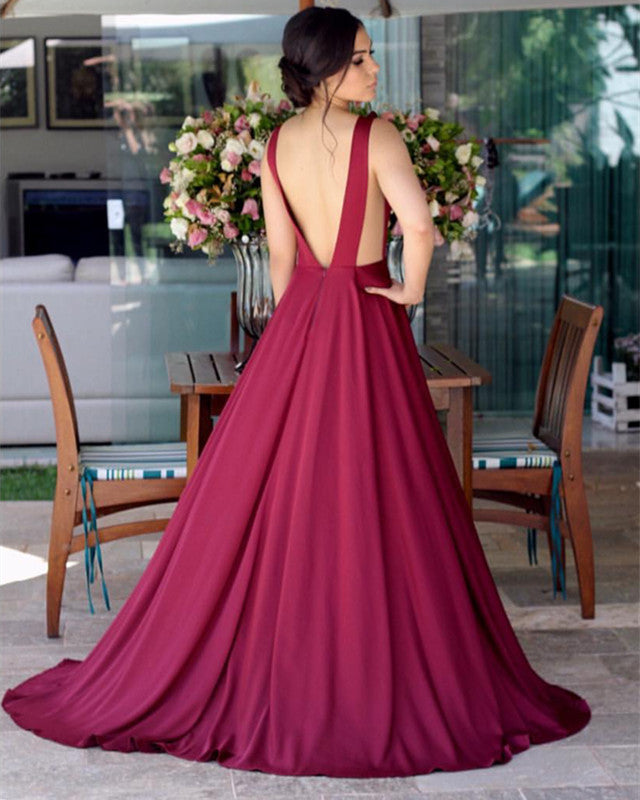 Plunge Neck Satin Bridesmaid Dresses Long Backless
