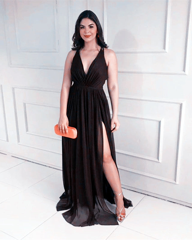 Deep V Neck High Slit Bridesmaid Dresses Chiffon