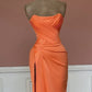 Mermaid Orange Satin Strapless Split Gown