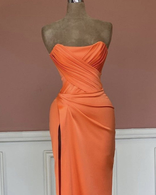 Mermaid Orange Satin Strapless Split Gown