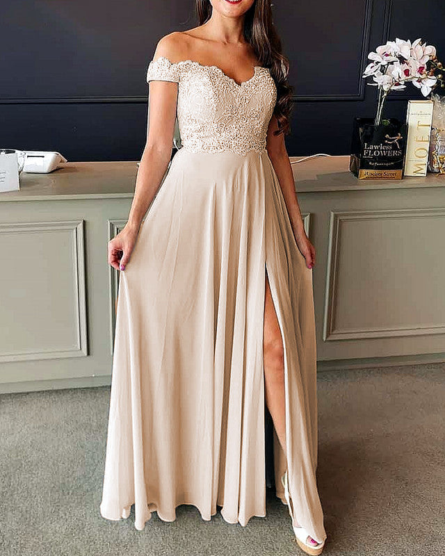 Lace Embroidery Chiffon Bridesmaid Dresses Split Off The Shoulder