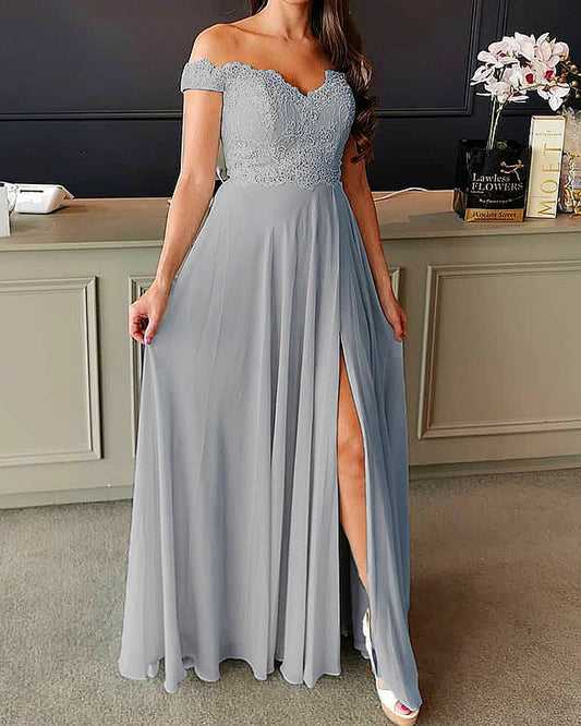 Lace Embroidery Chiffon Bridesmaid Dresses Split Off The Shoulder