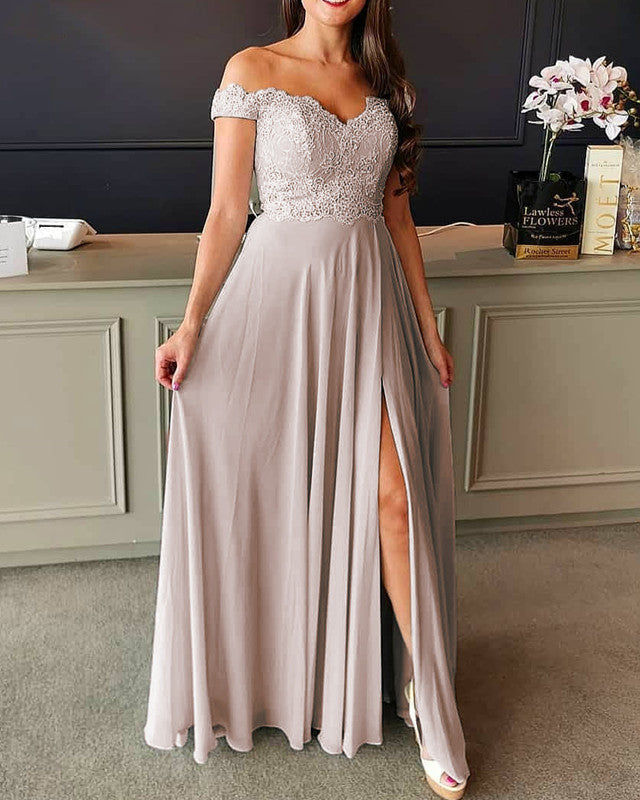 Lace Embroidery Chiffon Bridesmaid Dresses Split Off The Shoulder