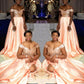 Peach Satin Bridesmaid Dresses Sequins Off The Shoulder